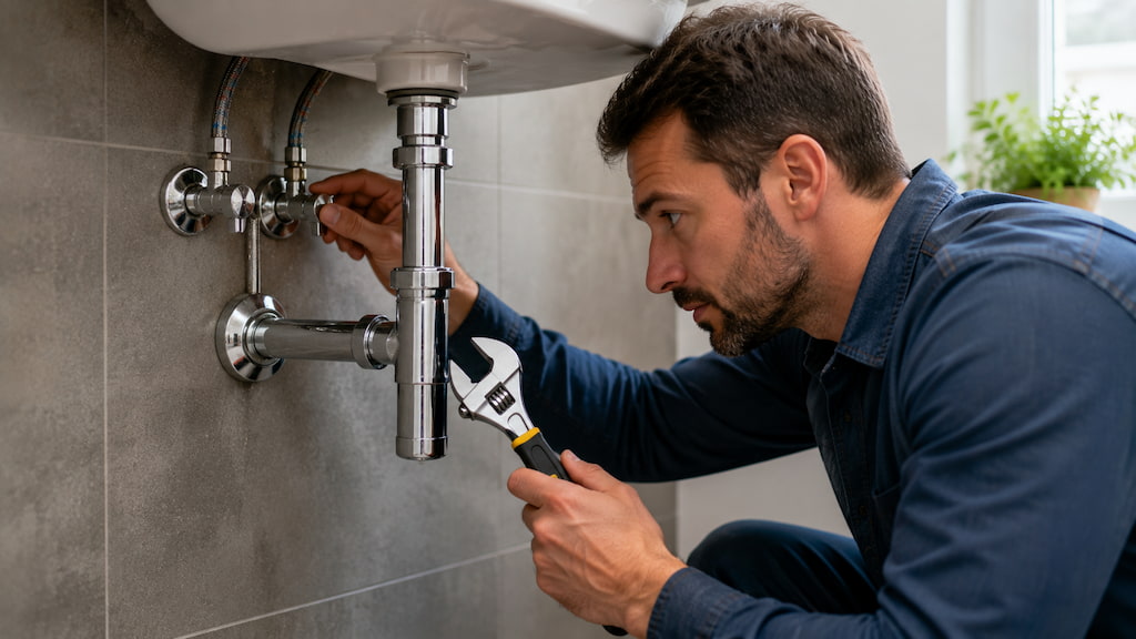 Fontanero revisando el estado de las tuberías de un baño para prevenir una futura tubería rota