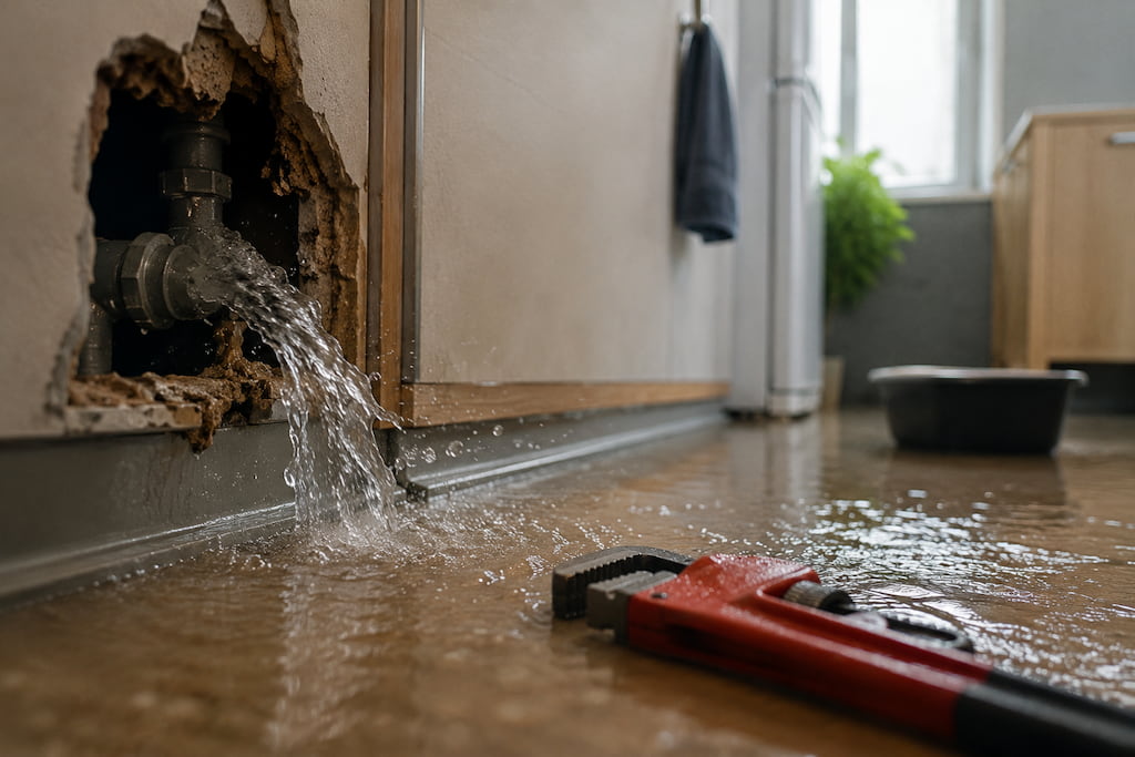 Tubería rota en una pared de una vivienda con agua saliendo, un caso típico de tubería rota en casa