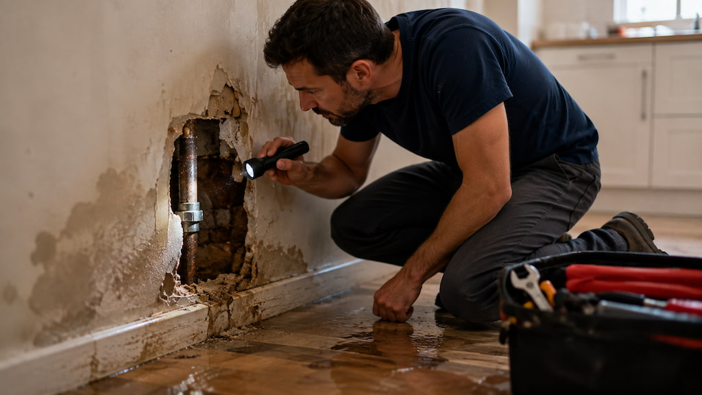 Técnico de fontanería con linterna localizando el punto exacto de una tubería rota oculta en la pared