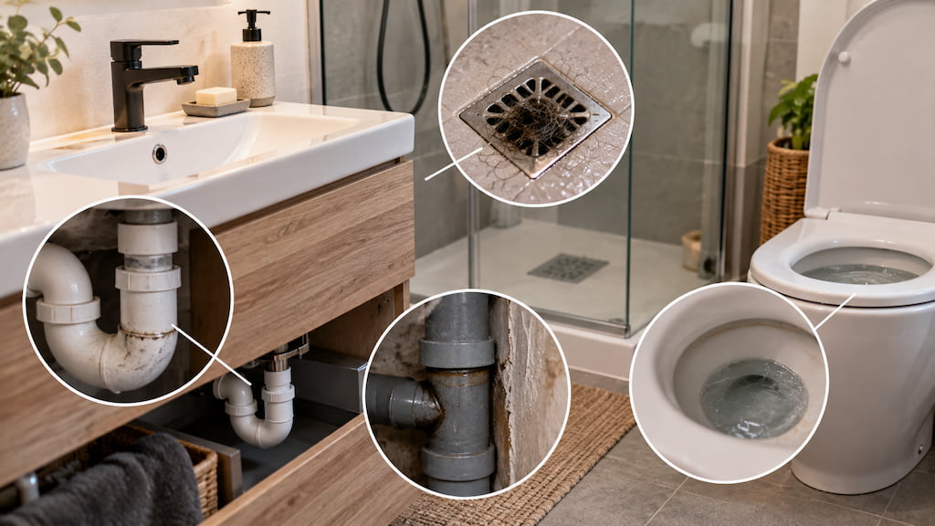 Detalle de sifón, desagüe de ducha, unión de tuberías e inodoro, las causas más habituales de mal olor en el baño