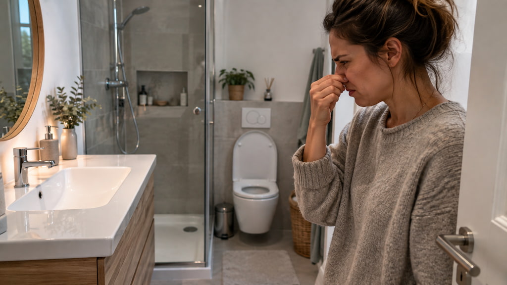 Mujer tapándose la nariz por el mal olor en el baño de su casa